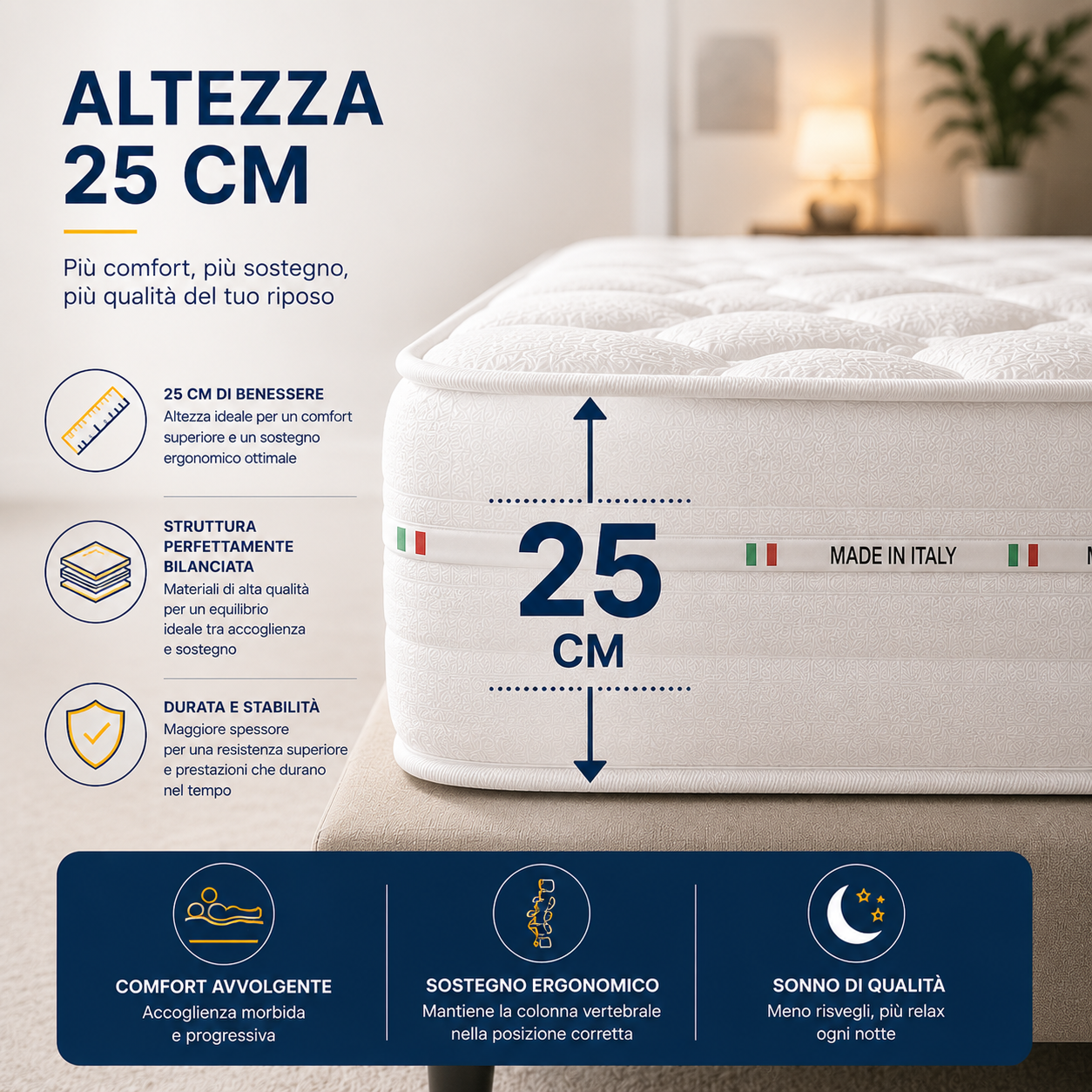 Materasso Memory White Ortopedico Altezza 25 cm – Antiacaro, Anallergico, Traspirante + 2 CUSCINI OMAGGIO