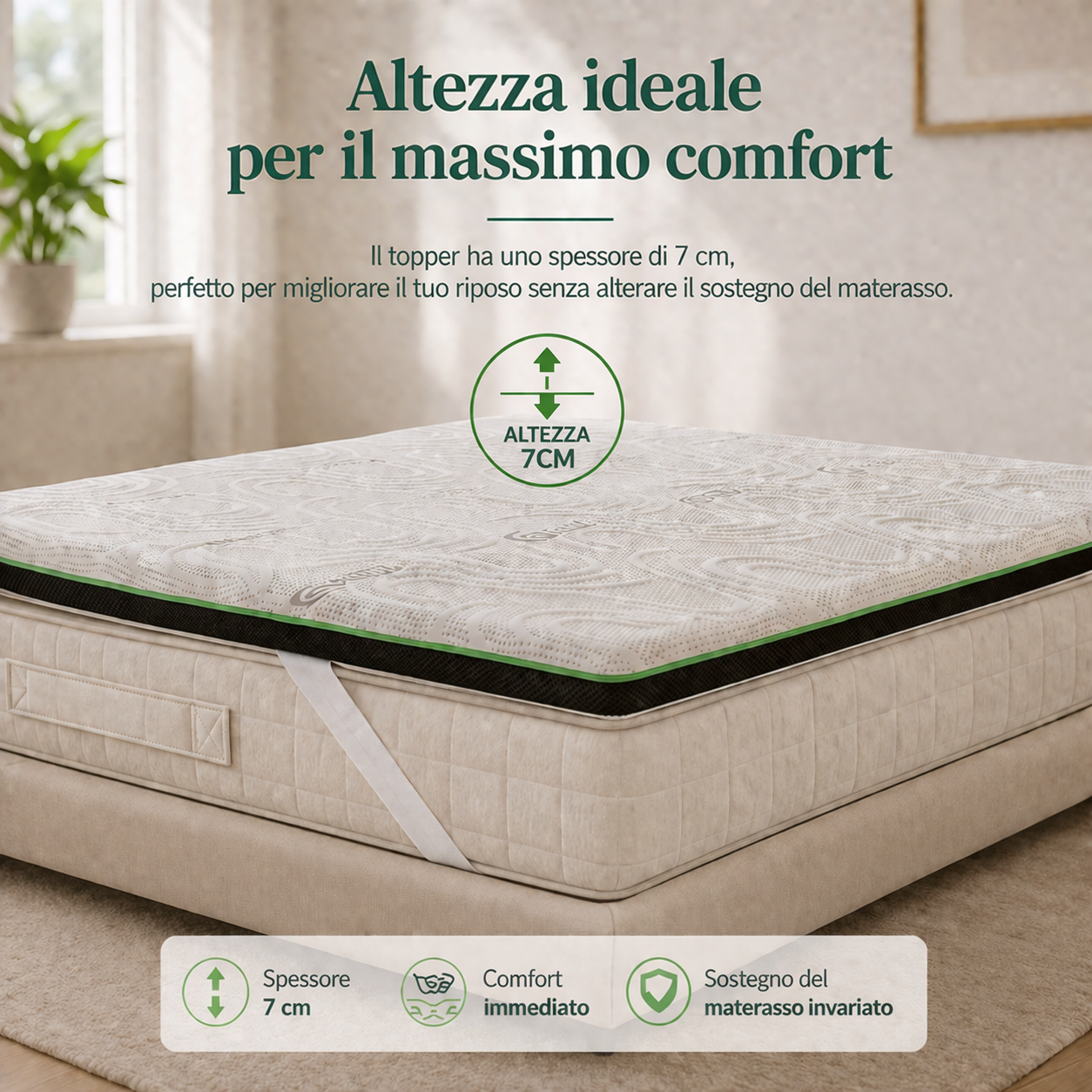 Topper Memory Altezza 7cm SFODERABILE Memory Foam a 11 Zone Differenziate